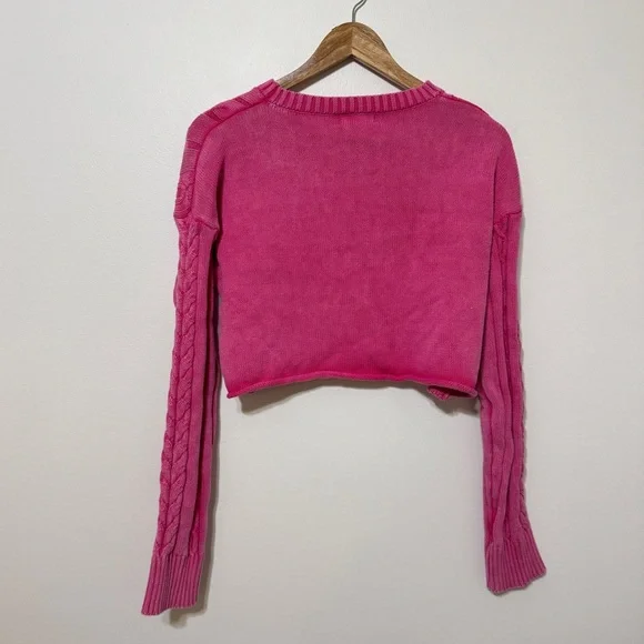 Altar’d State Cable Knit Sweater Size Medium Cropped Pink - Picture 6 of 6